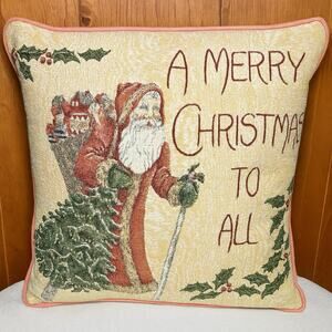 Vintage Christmas Pillow Santa Claus Tapestry Throw Cushion Holiday Decor 15x15